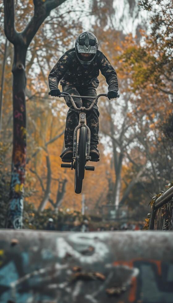 AI generated Cinematic Photoshoot Capturing the Exhilarating Aerial Feat of a Young Rider in Graffiti-Inspired Sportswear, Against a Vivid Urban Park Backdrop.  Advertising. photo