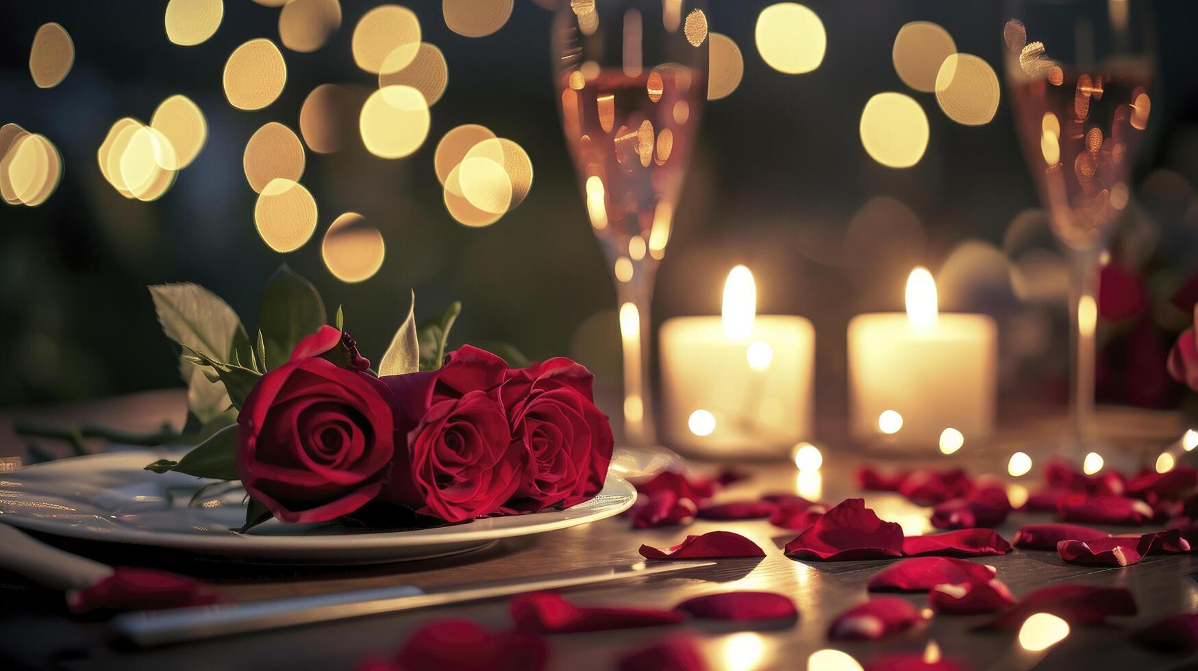 AI generated Romantic table setting for red roses and candlelight for Valentines dinner. photo