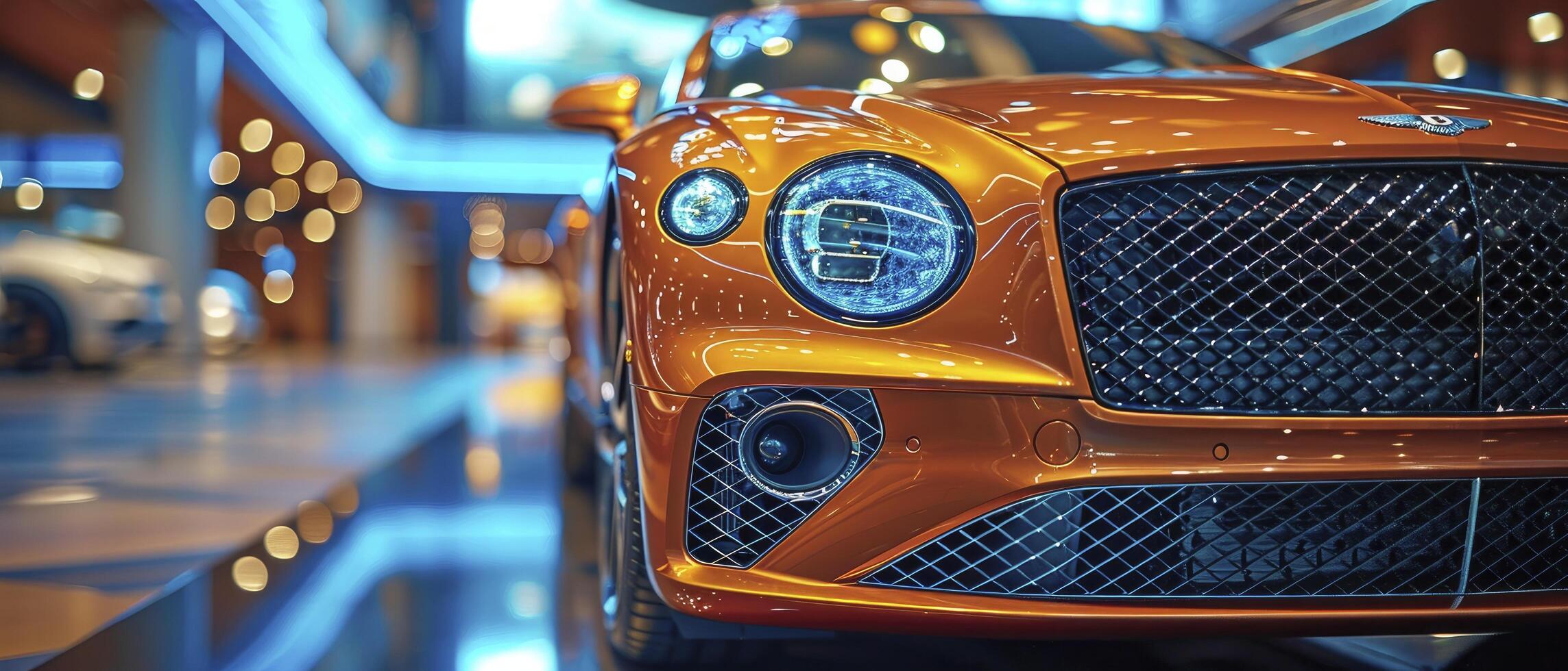 AI generated A Close-Up View of a Vehicle's Grille, Showcasing Impeccable Detail and Craftsmanship, with a Blurred Showroom Background Adding a Touch of Automotive Elegance. photo