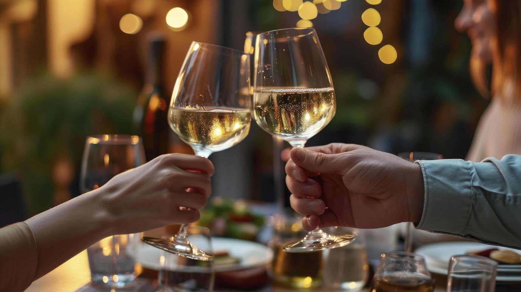 AI generated A Couple Toasting Glasses of Wine in a Romantic Restaurant, Creating a Perfect Moment of Connection and Love on Valentine's Day photo