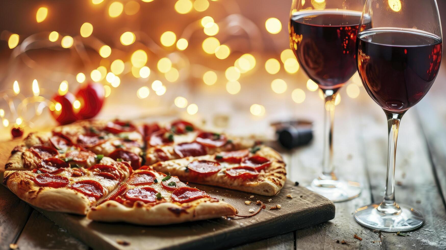 AI generated Pizza and wine on bokeh background. Home cooked Valentines Day dinner. photo