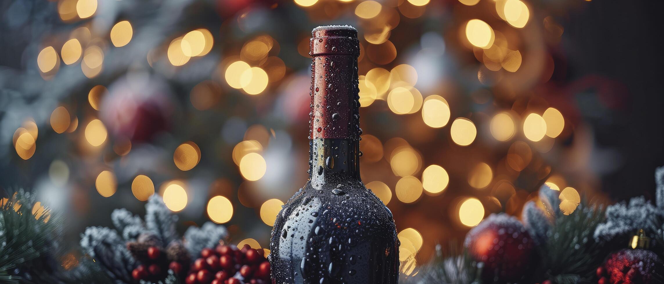 AI generated Close-Up of a Classic Bottle with Glistening Condensation, Amidst a Festive Celebration. Blurred Lights and Bokeh Effect Enhance the Atmosphere of Celebration. photo