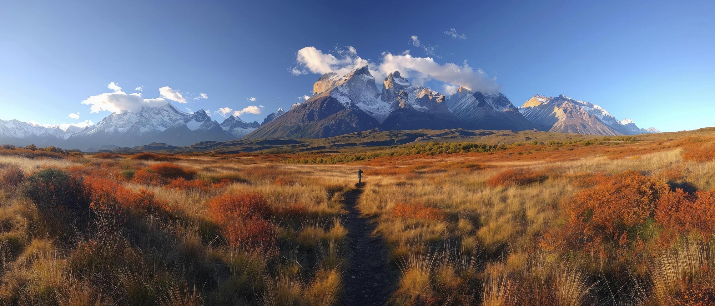 ai generado un gran angular vista de naturaleza sin problemas mezcla dentro el majestuoso paisaje, iluminado por expansivo Encendiendo foto