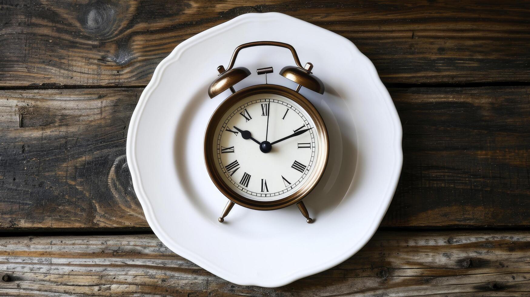 AI generated Fasting, one white plate and an alarm clock. photo