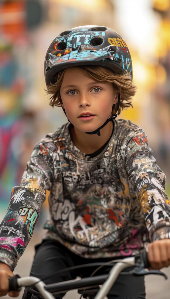 AI generated Wide-Angle Shot of a Young Cyclist, Clad in Stylish Graffiti Patterns, Riding Along a Colorful Street. Capturing the Spirit of Adventure and Urban Sports Culture Amidst Vibrant Cityscape. photo