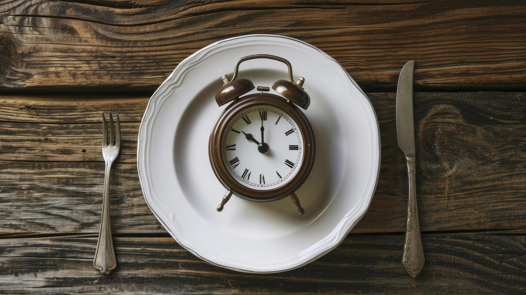 AI generated Fasting, one white plate and an alarm clock. photo