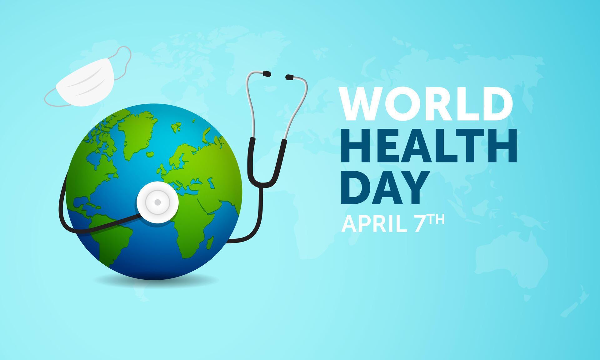 World Health Day April 07th with globe stethoscope and mask World Health Day April 07th with globe stethoscope and mask