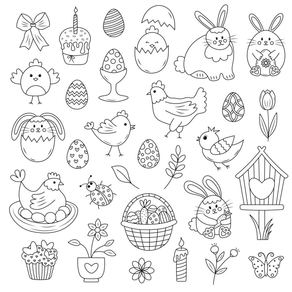 Easter spring doodle set. Happy Easter line icons. Cute items for coloring book. vector