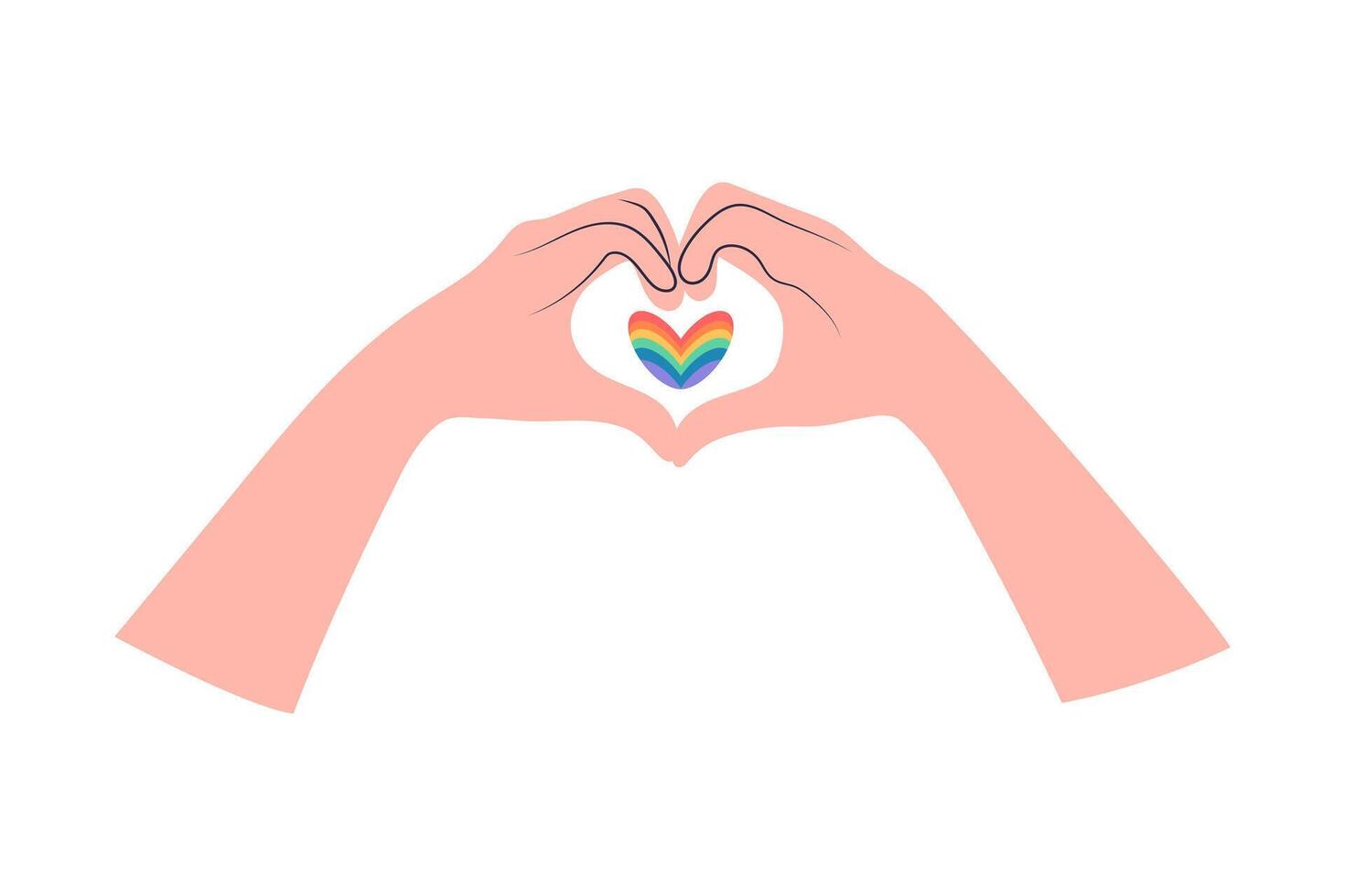 Two hands making heart sign and rainbow heart between. Love gesture. Rainbow colors of LGBT pride flag. vector