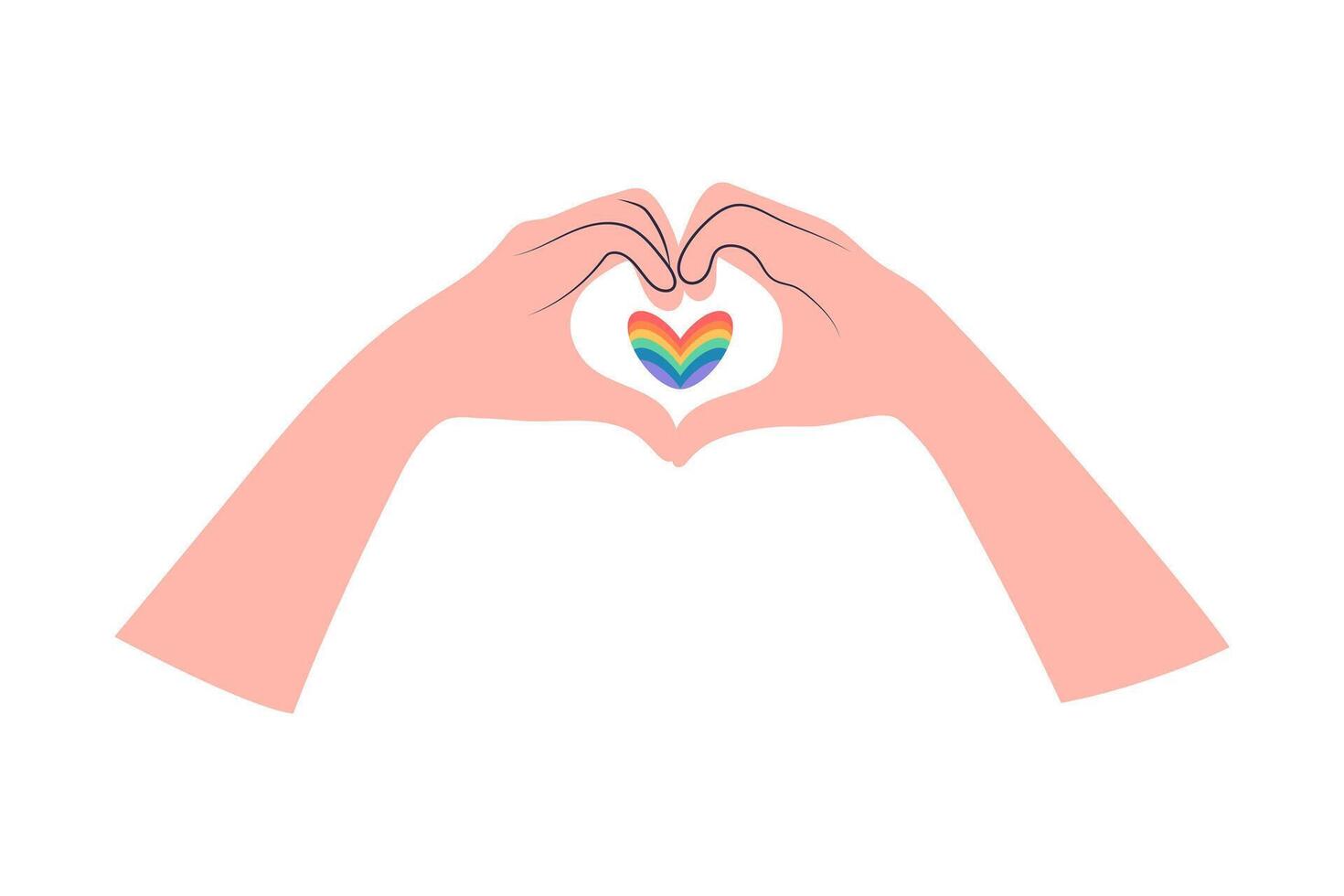 Two hands making heart sign and rainbow heart between. Love gesture. Rainbow colors of LGBT pride flag. vector