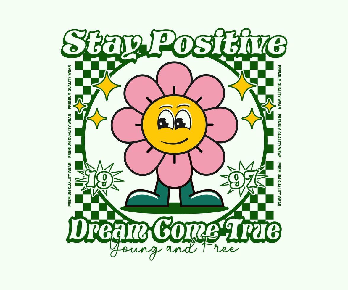 cartoon vintage groovy daisy flower illustration with chess board background for t shirt, poster, streetwear, urban design, hoodie, etc vector