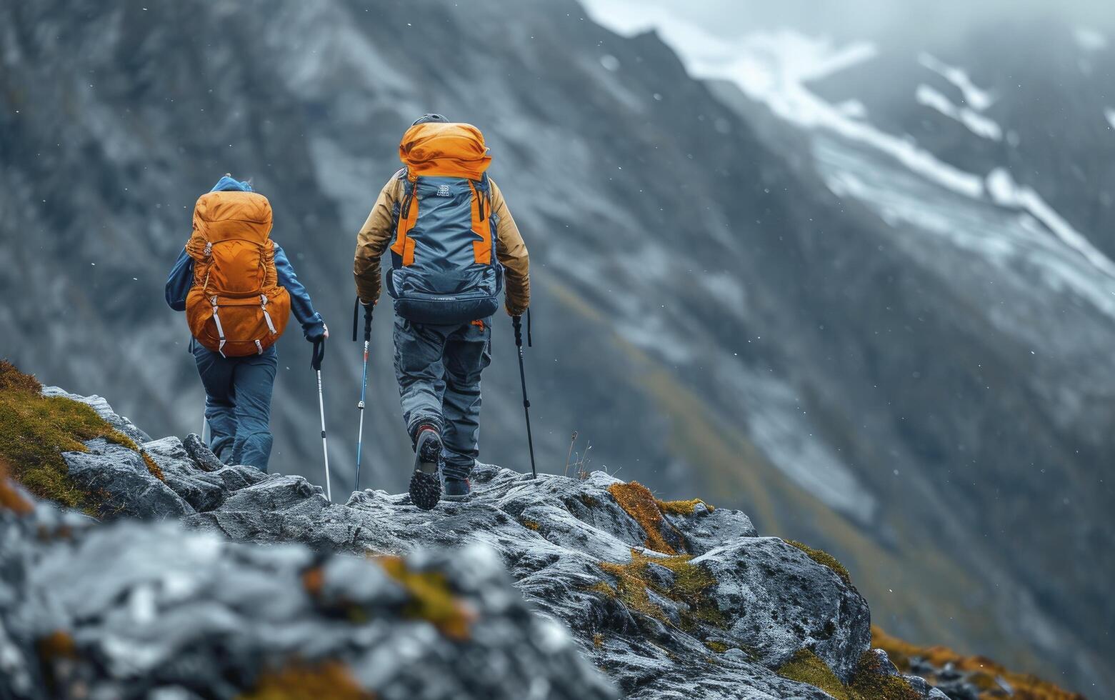 AI generated A Bright Expedition Capturing Two Hikers in Rocky Mountain Path. Teamwork Shines as Natural Lighting Highlights Gear Resilience and Hikers Camaraderie. photo