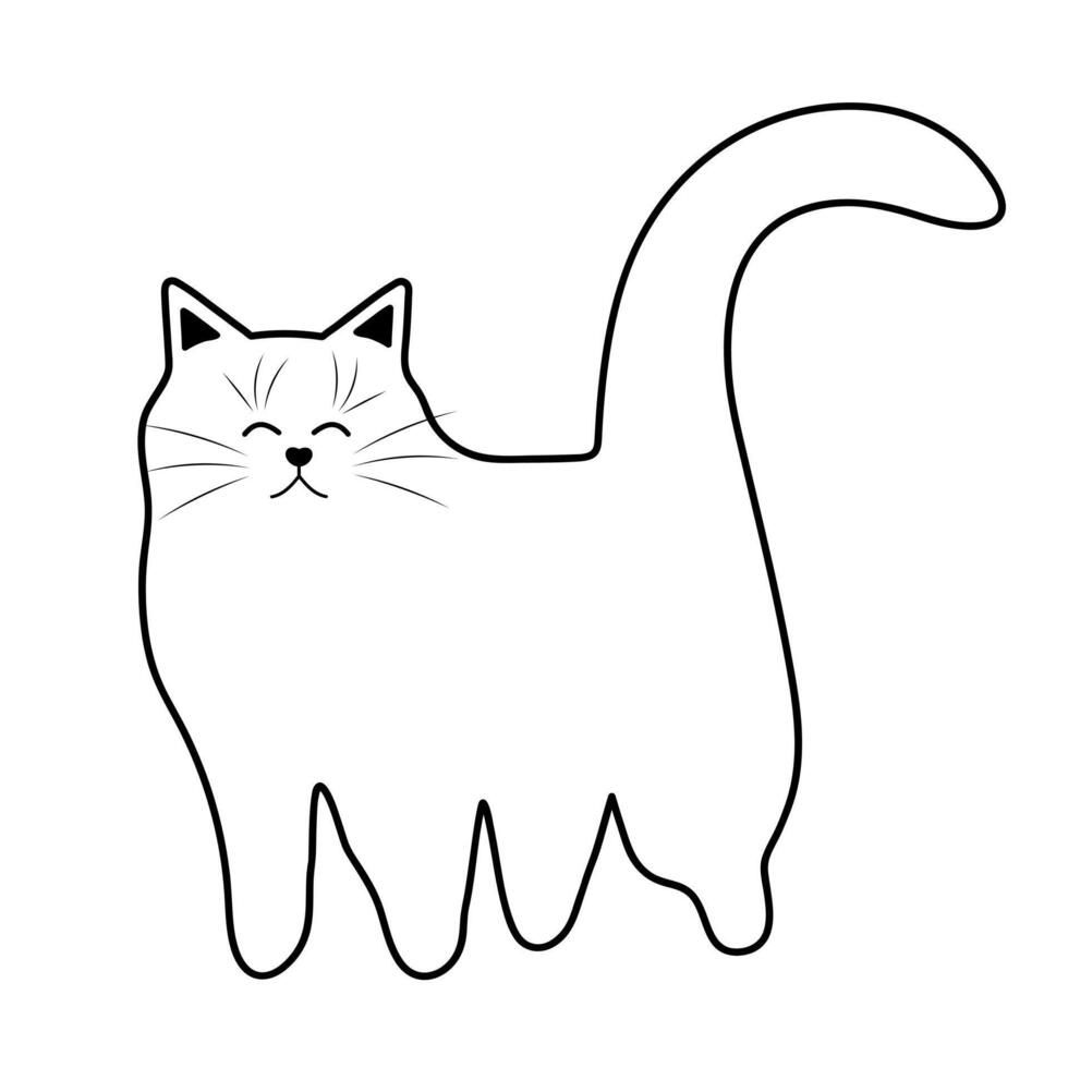 Cute funny fat cat. Doodle linear pet character. vector