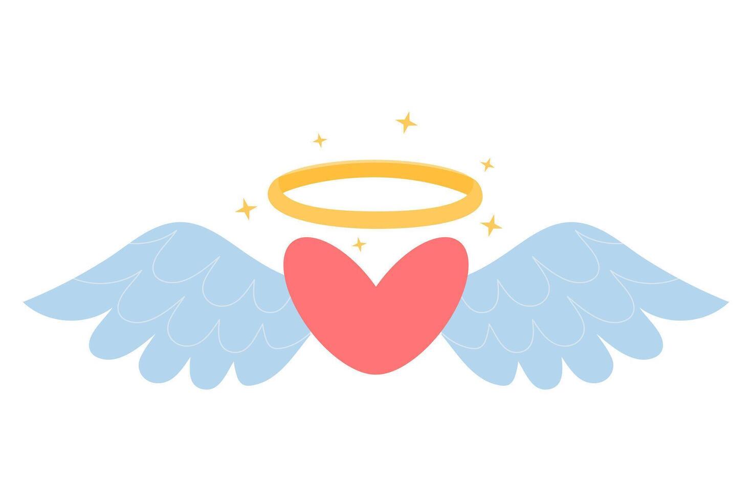 Heart with wings and a halo over it. Valentine's day or wedding concept. Cartoon flat vector illustration.