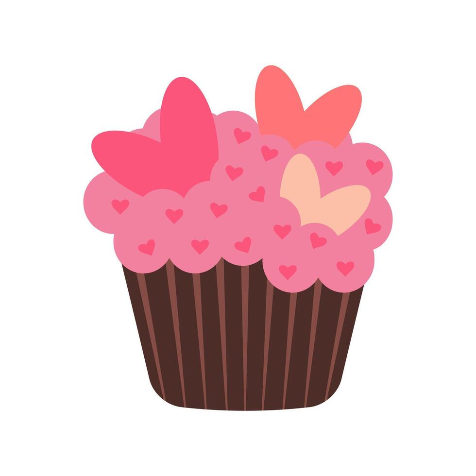 Cupcake with hearts. Valentine's day dessert. Romantic clipart for wedding, birthday or anniversary. vector