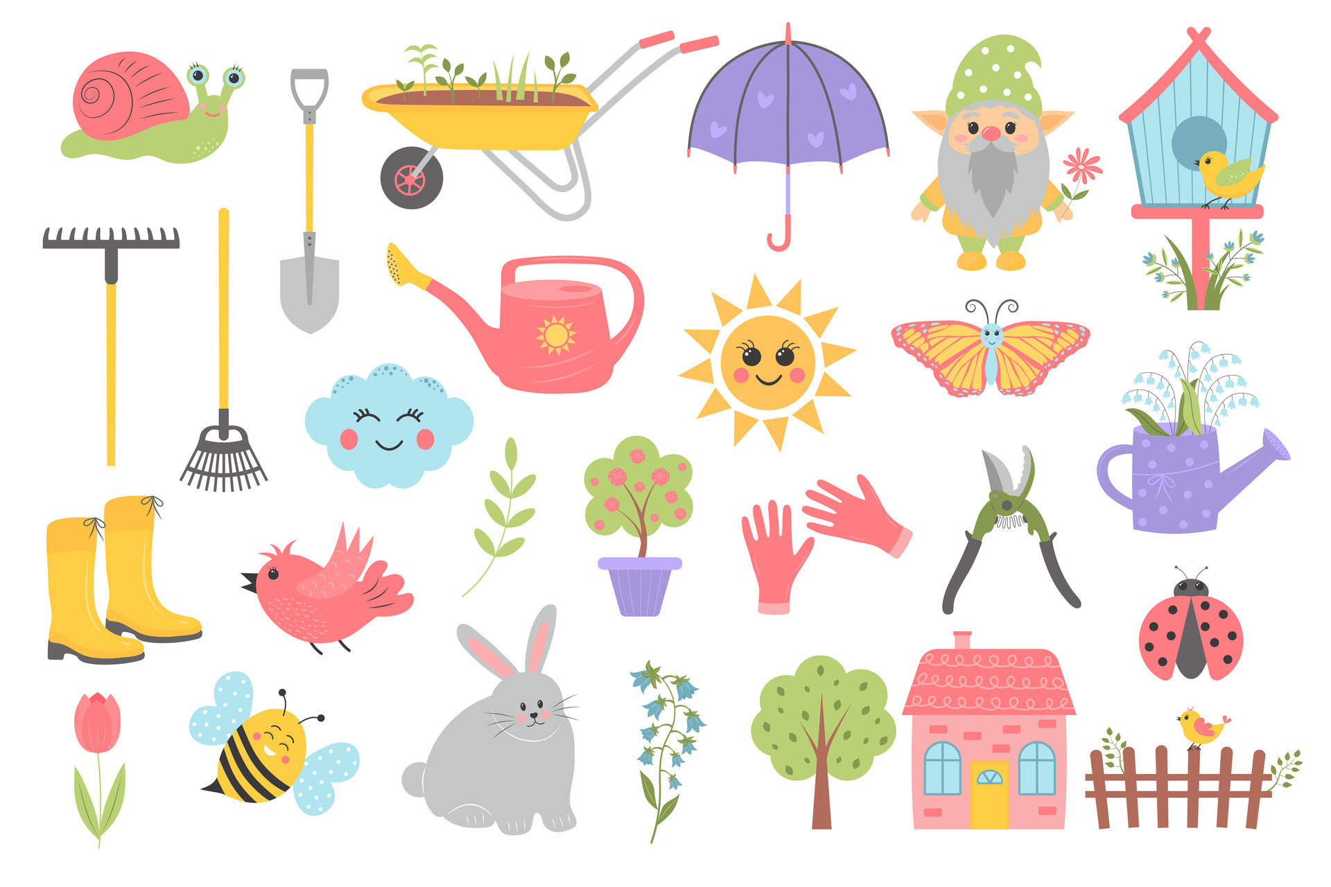 Gardening and spring set. Cute cartoon springtime items. Cartoon flat ...