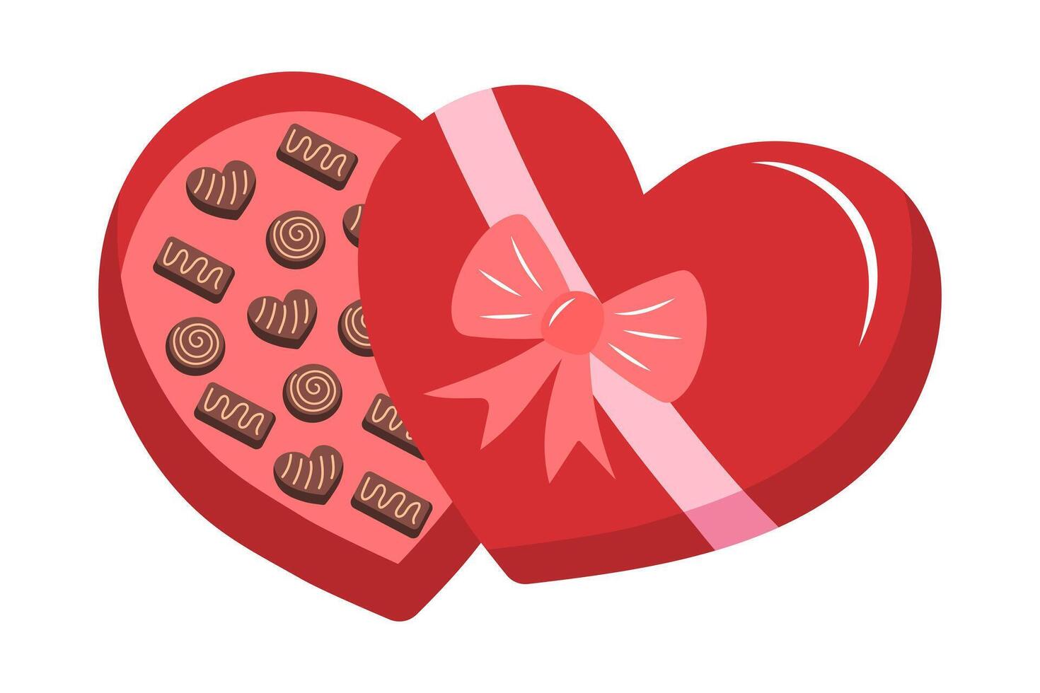 Heart shaped box with chocolate candies. Valentine's day or wedding concept. Cartoon flat vector illustration.