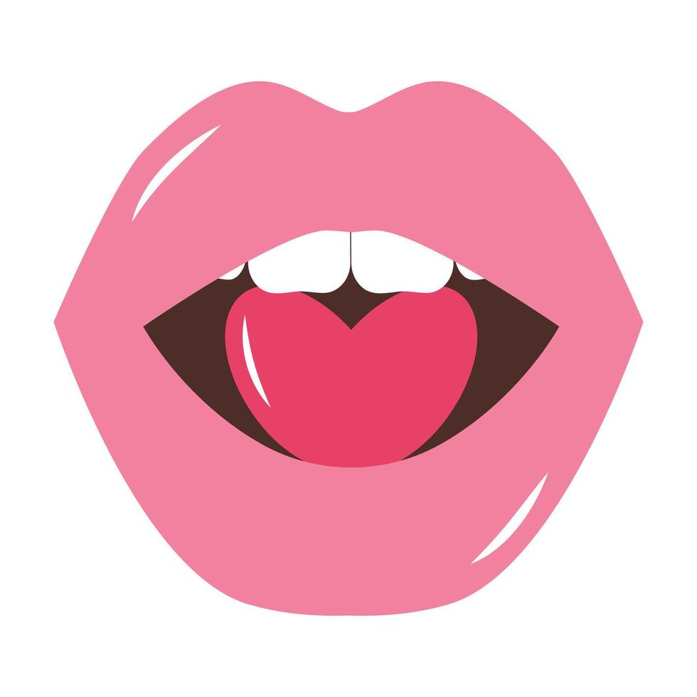 Female lips holding pink heart. Valentine's day romantic clipart. Lipstick makeup icon. Sexy mouth. Vector illustration in flat style.