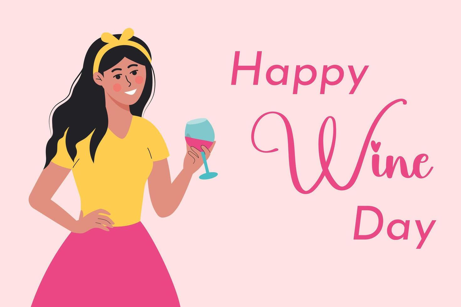 Happy wine day. Young pretty woman with glass of wine and text inscription. Holiday template for background, banner, card, poster. vector