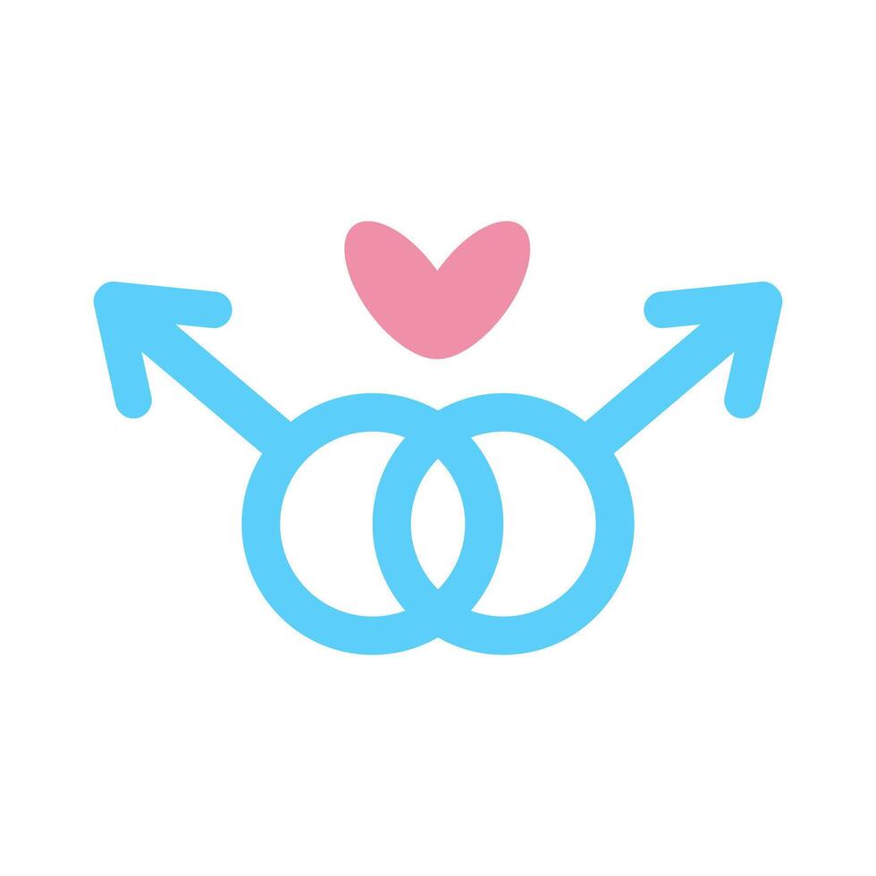 Two blue males symbols with heart. Flat vector illustration.