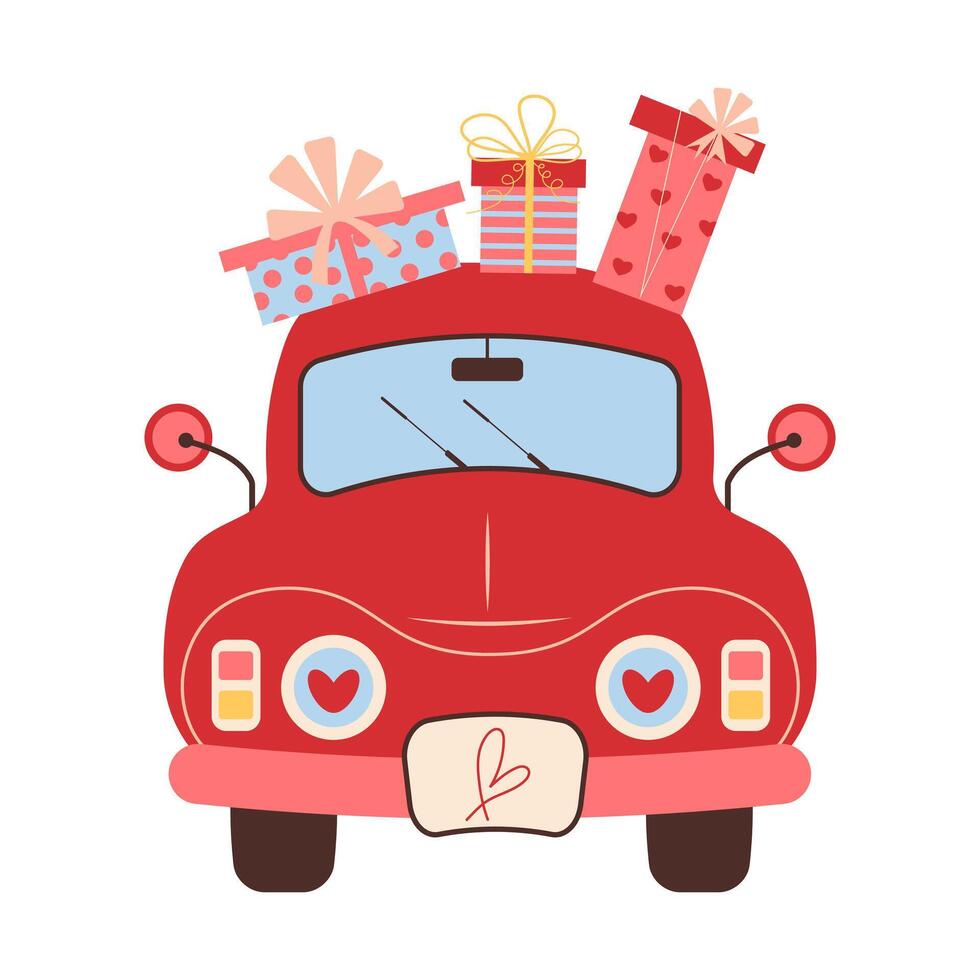 Vintage red car with gift boxes on top. Valentine's day or wedding concept. Cartoon flat vector illustration.