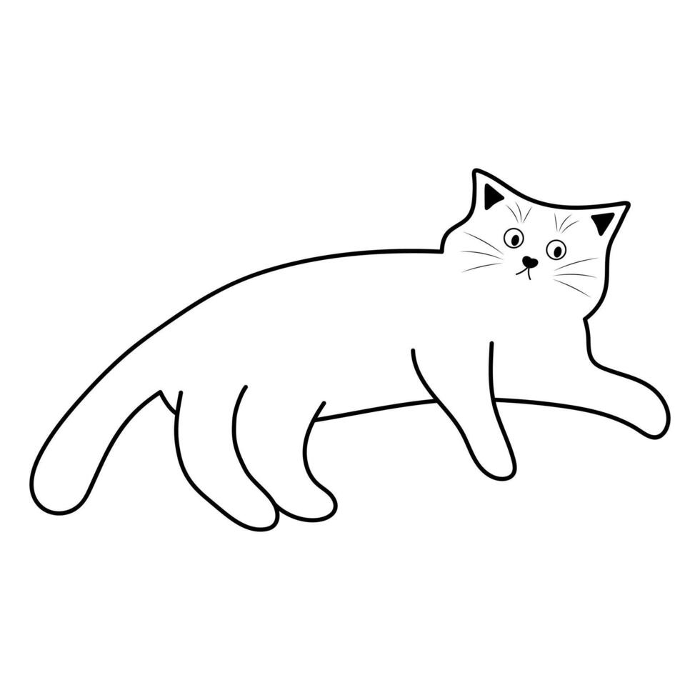 Cute funny fat cat. Doodle linear pet character. vector