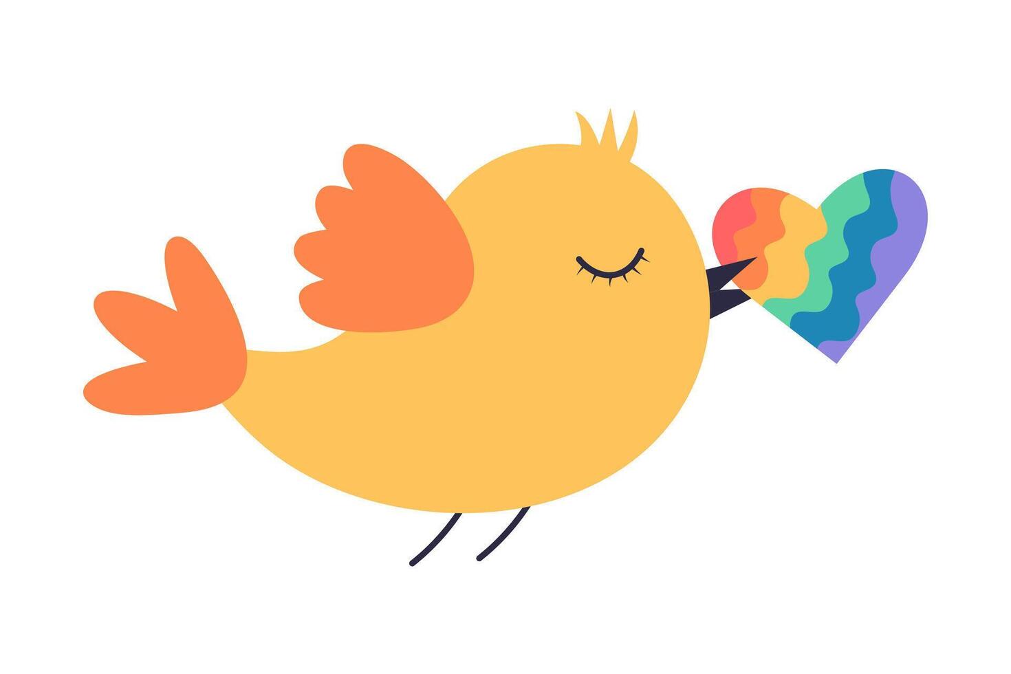 Cute bird with rainbow heart in beak. Rainbow colors of LGBT pride flag. Romantic message animal. vector