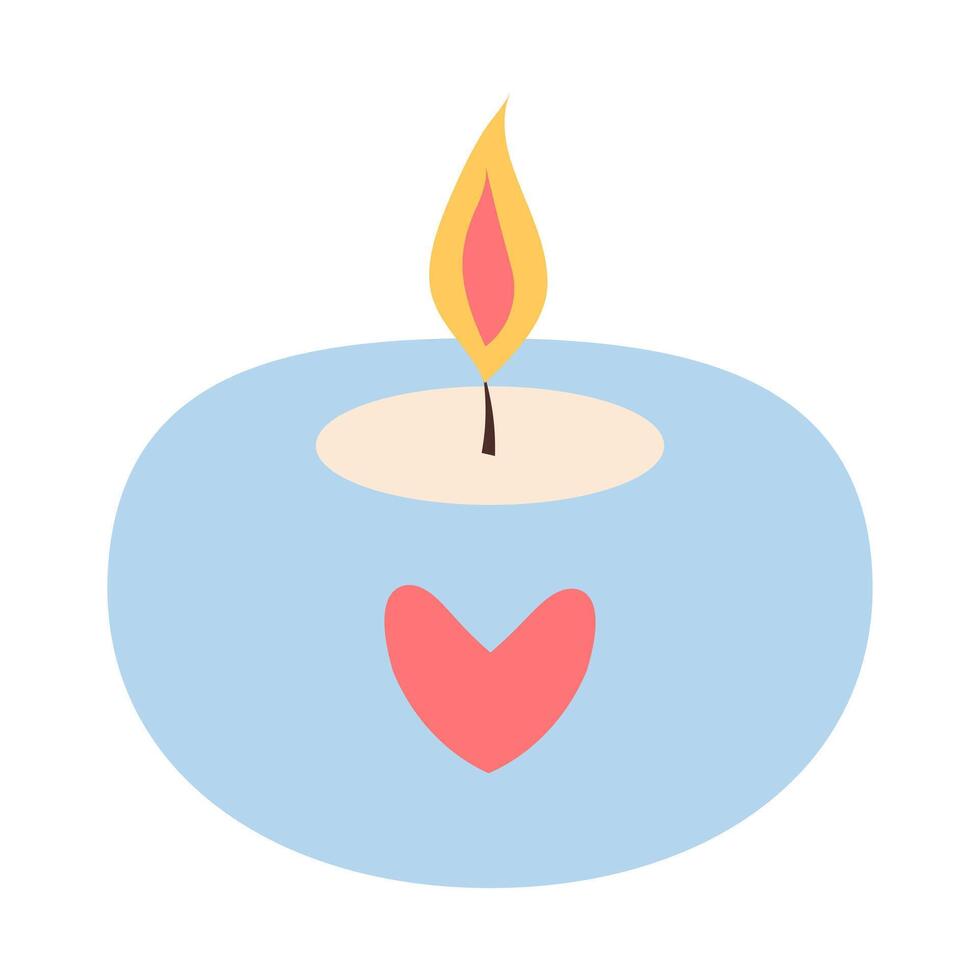 Candle with heart. Valentine's day romantic clipart. Aroma round candle. Vector illustration in flat style.