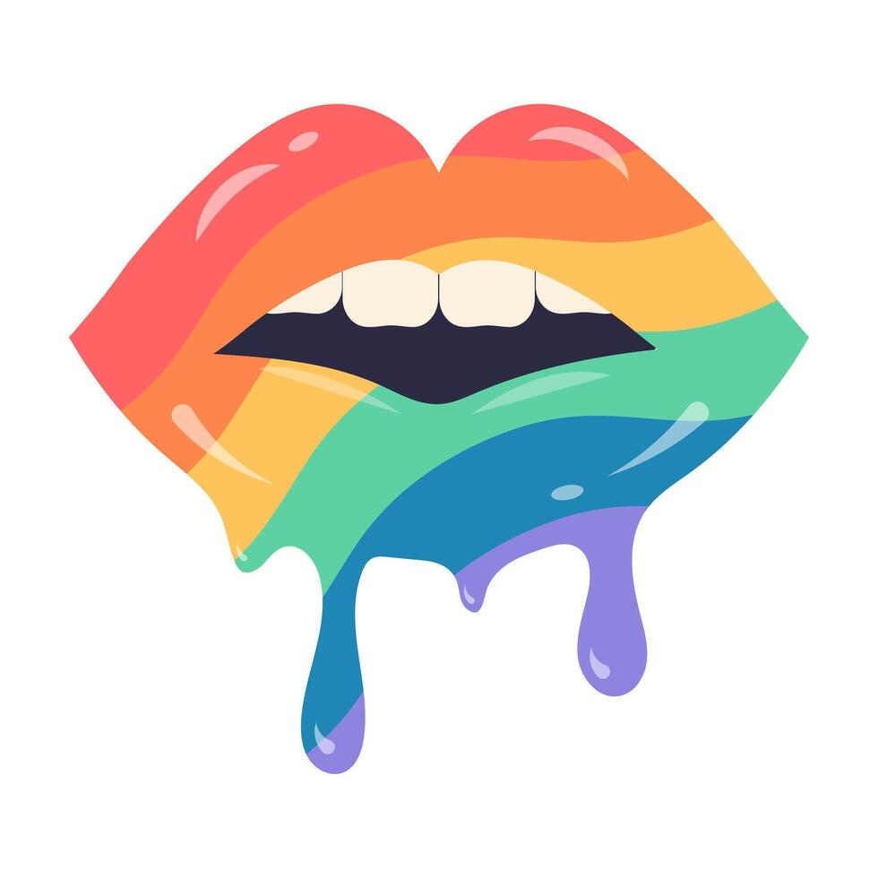 Melting rainbow lips with dripping paint. LGBT symbol. Flat vector illustration.