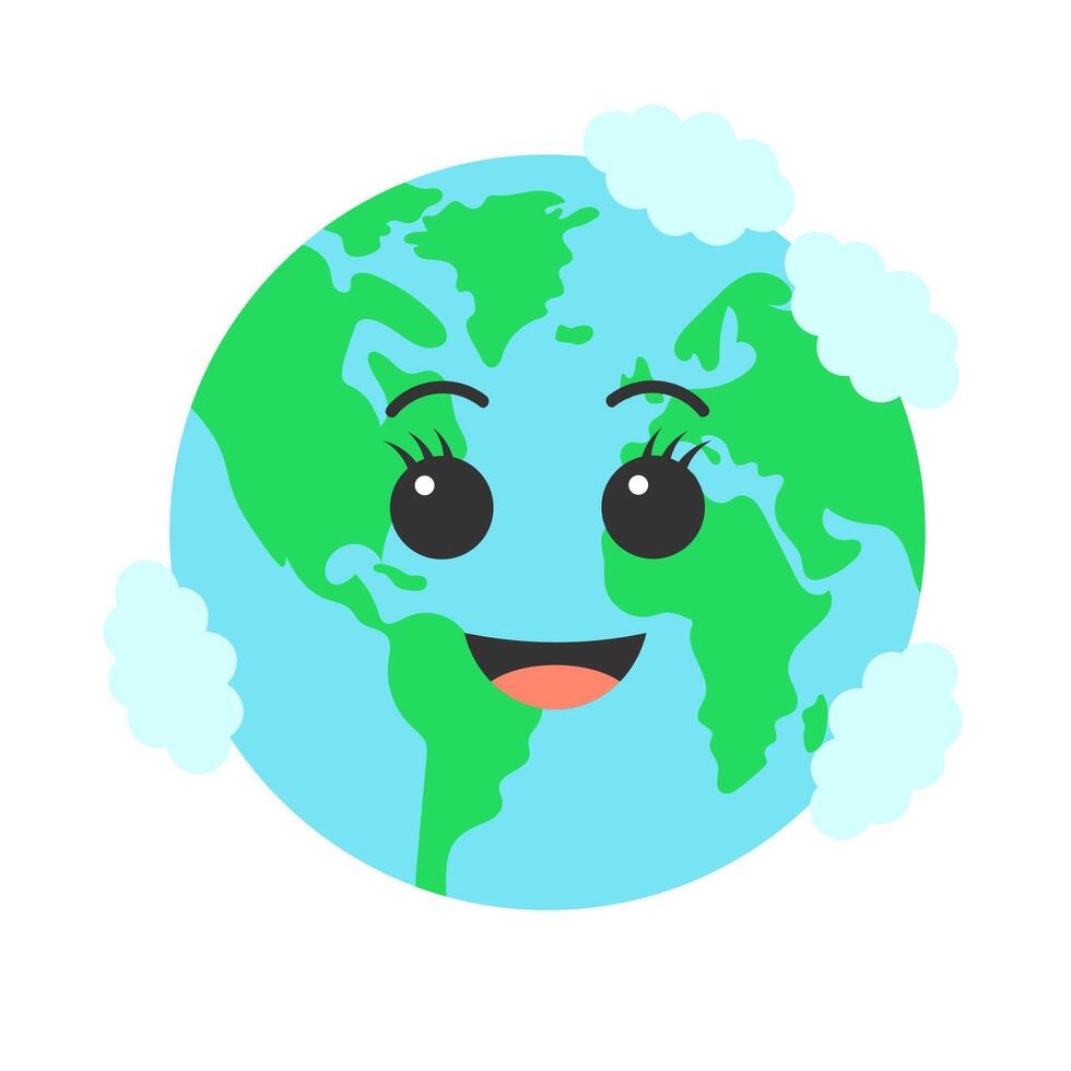 Cute planet earth. Kawaii Earth character. Cartoon flat vector illustration.