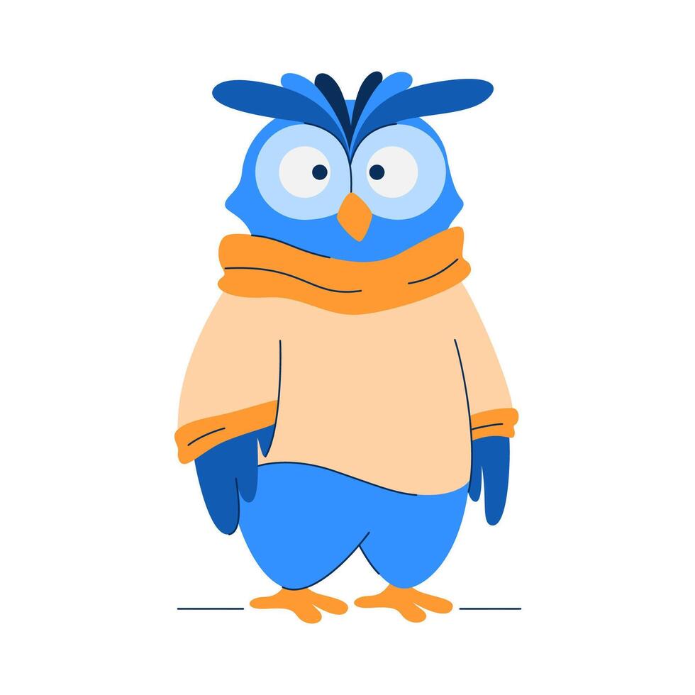 Cute Blue Owl character in yellow sweater, isolated on white background vector