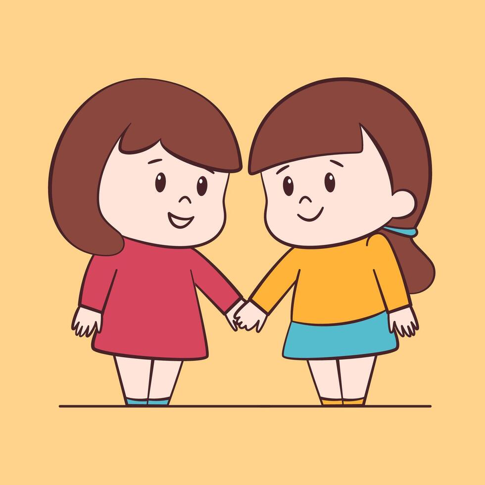 Two Cute chibi girls hold hands, kawaii cartoon character illustration vector