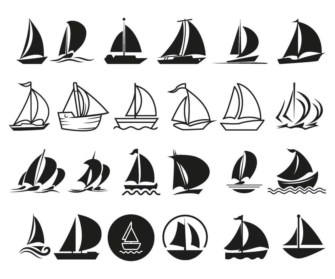 conjunto de barcos ajuste vela en el mar velero siluetas vector ilustración