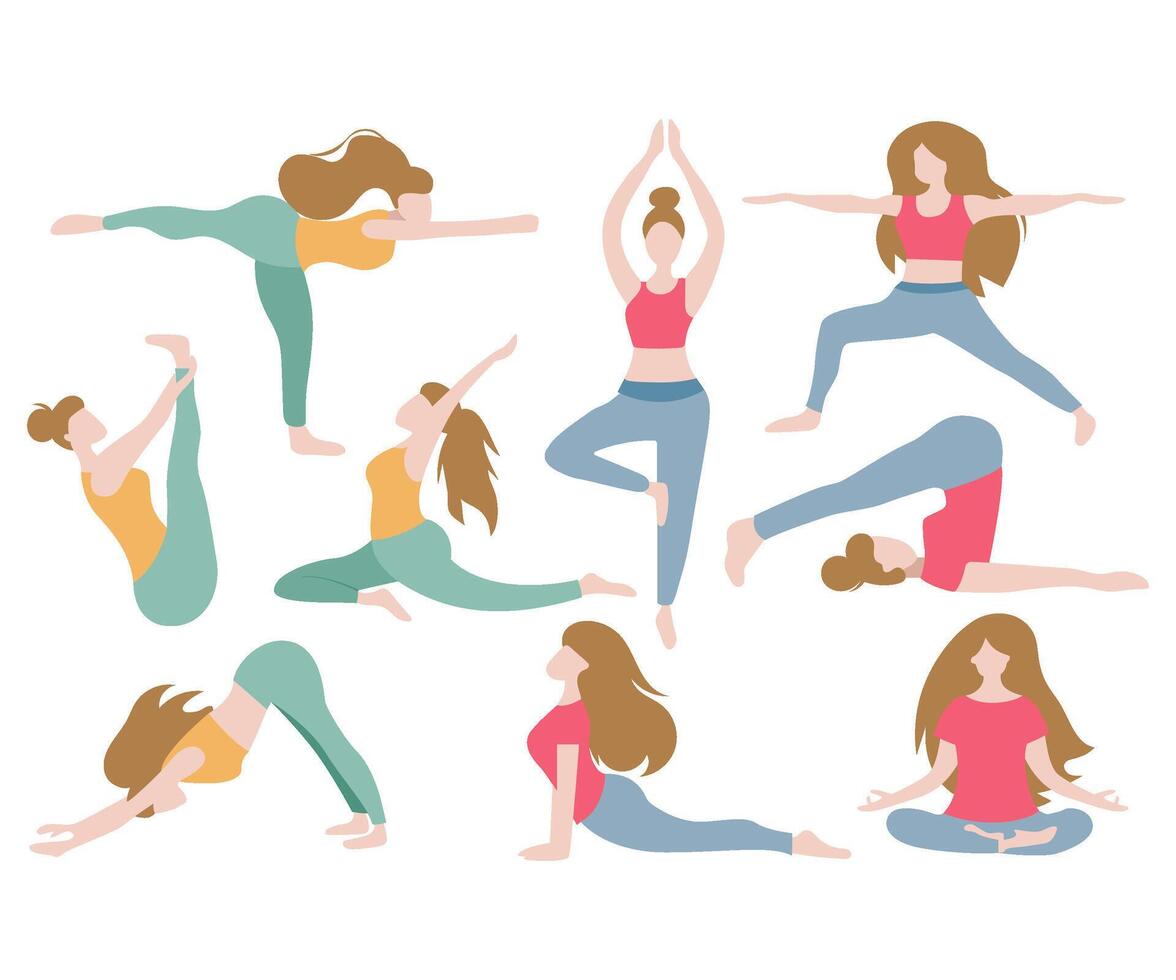 mujer haciendo yoga poses ejercicios para mental y físico salud plano diseño vector ilustración