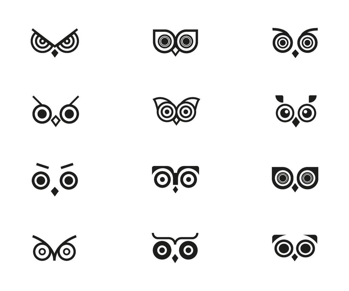 owl eyes icons set, night bird, simple doodle, minimalist design vector