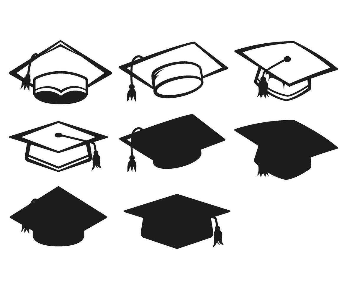 set of graduation caps degree ceremony minimalist concept and silhouettes vector