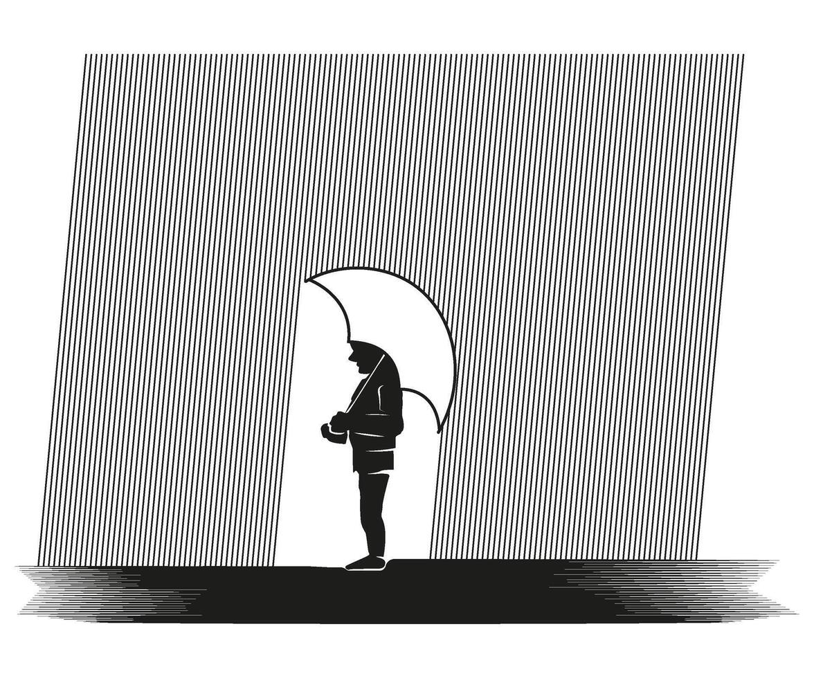 depresión negativo pensamientos frustración concepto. hombre en pie en el lluvia ilustración vector