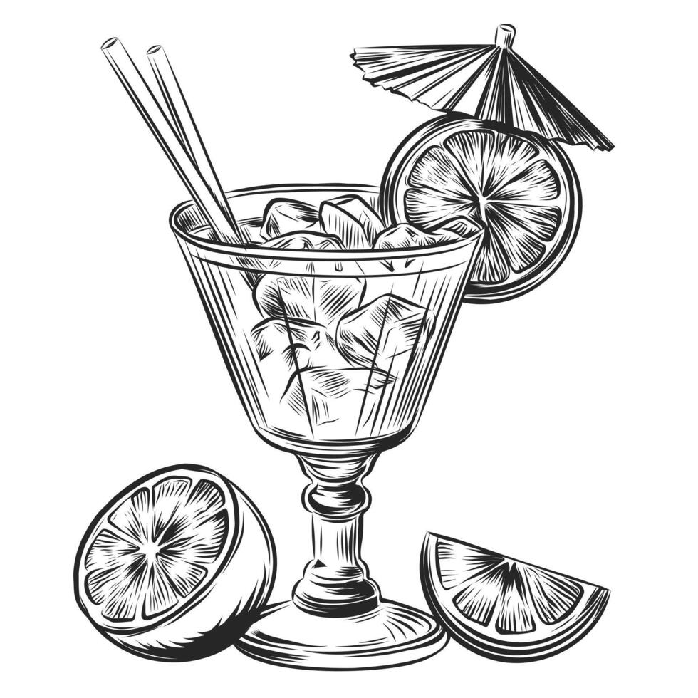 Hand drawn cocktail with ice cube, tube umbrella and slice of lemon. Vector engraved style illustration for posters, decoration and print isolated on white background. Detailed vintage woodcut style