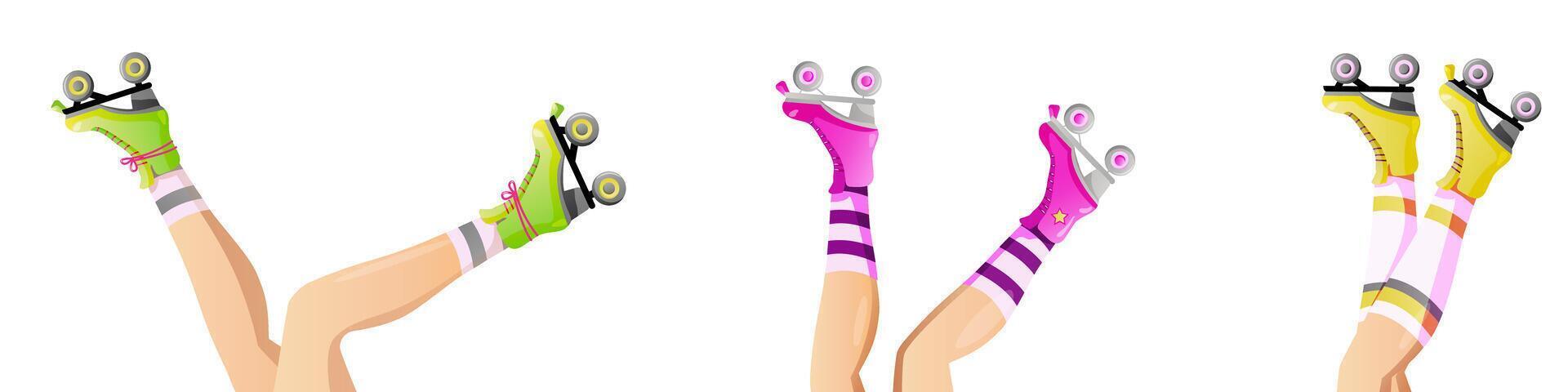 conjunto de rodillo patines y hembra piernas. muchachas vistiendo rodillo patines mano dibujado de moda vector ilustración de piernas y patines para web bandera, póster, tarjeta