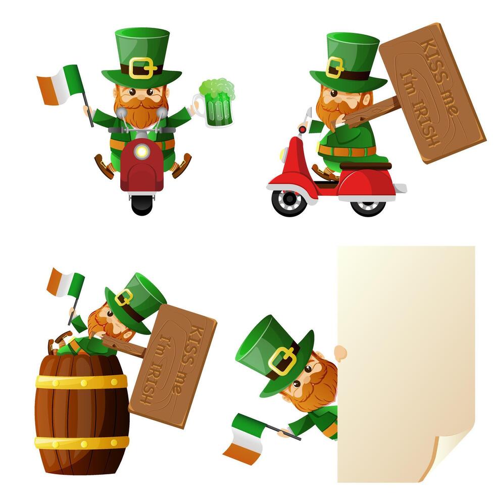 Irish hero leprechaun set for St Patrick's day greeting card, poster, banner, web. Cheerful leprechaun holding placard copy space, sitting on barrel, riding on motorbike, holding beer and irish flag vector