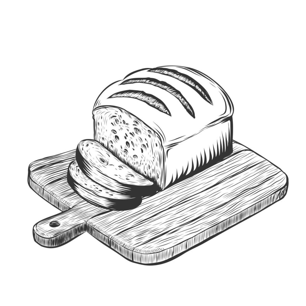 sliced loaf of bread on chopping board vector illustration for bakery, windows design, menu. Hand drawn sketch engraving illustration style