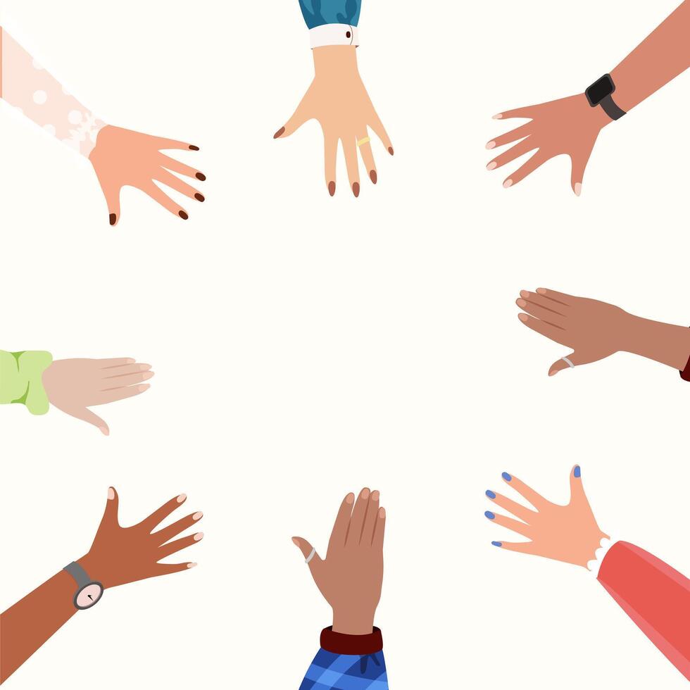 Diverse human hands reaching out for with blank space in the middle. Multinational hands reaching out for desired. Vector template with space for text, copy space.