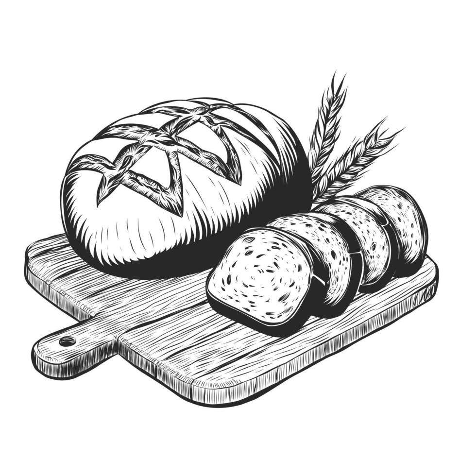 Sliced loaf of bread on cutting wooden board engraving illustration. Hand drawn ink sketch. Fresh bakery product. Vector illustration isolated on white background for bakery menu, cafe, window design.