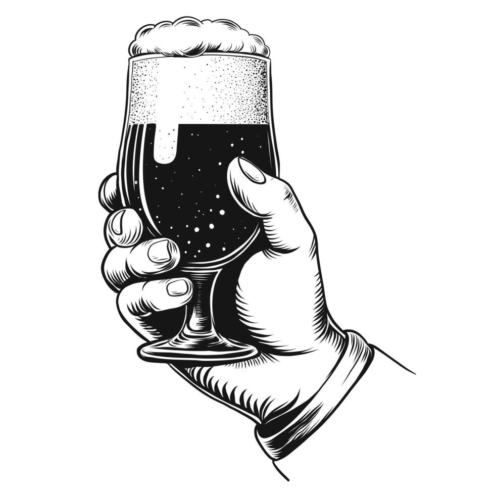 Beer festival. Hand holding craft dark beer glass. Vintage vector engraving style illustration for web, poster, invitation to party oktoberfest Hand drawn ink sketch