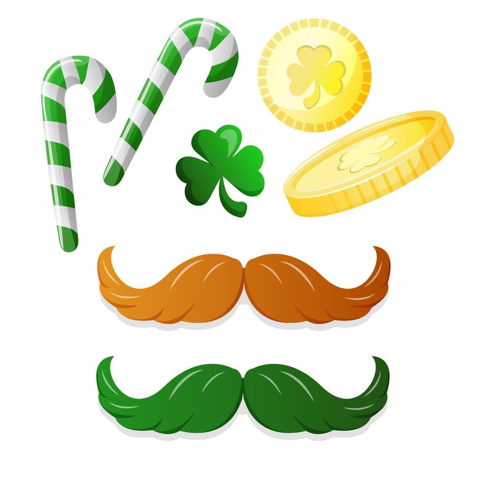 St.Patrick's day vector elements set isolated on white background. cartoon style design element for party, sales. green and red mustache, gold coins, clover, lollypop sticks