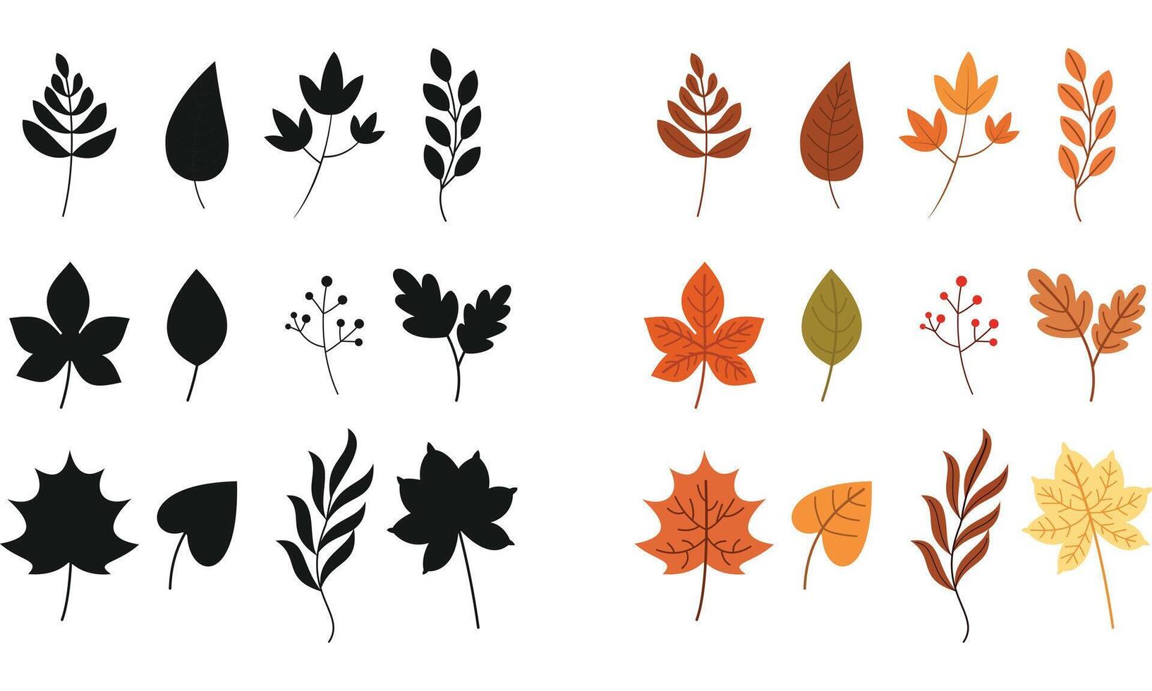 Doodle is a vector clipart of fallen leaves from oak, maple, elm, birch, rowan, and willow trees. The black contour depicts an icon for stickers, decor, and postcards