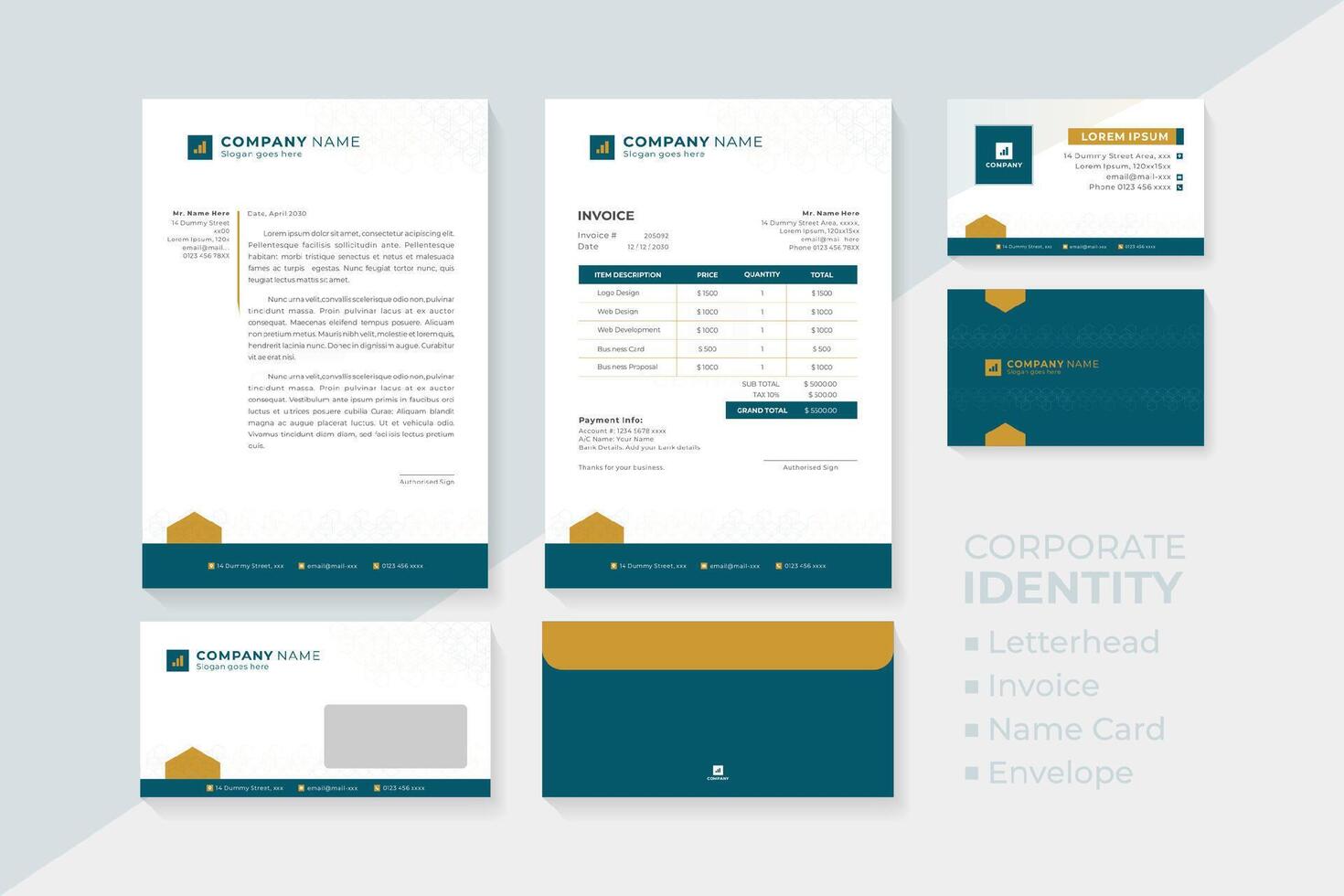 corporativo identidad conjunto incluso membrete, factura, nombre tarjeta y sobre. vector