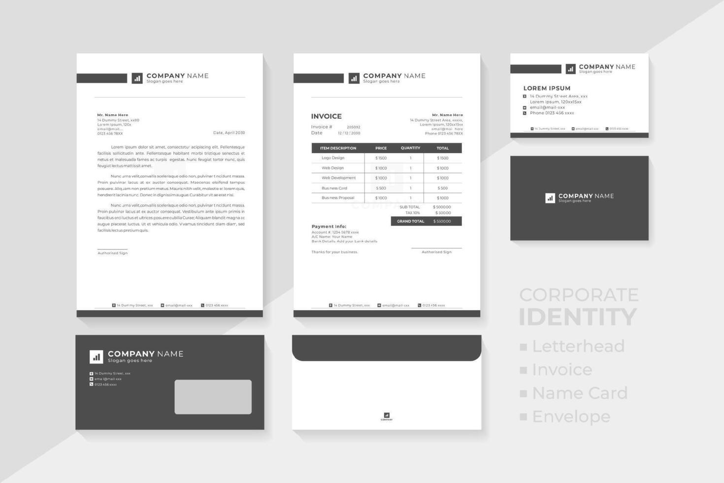 Corporate identity set including letterhead, invoice, name card and envelope. vector