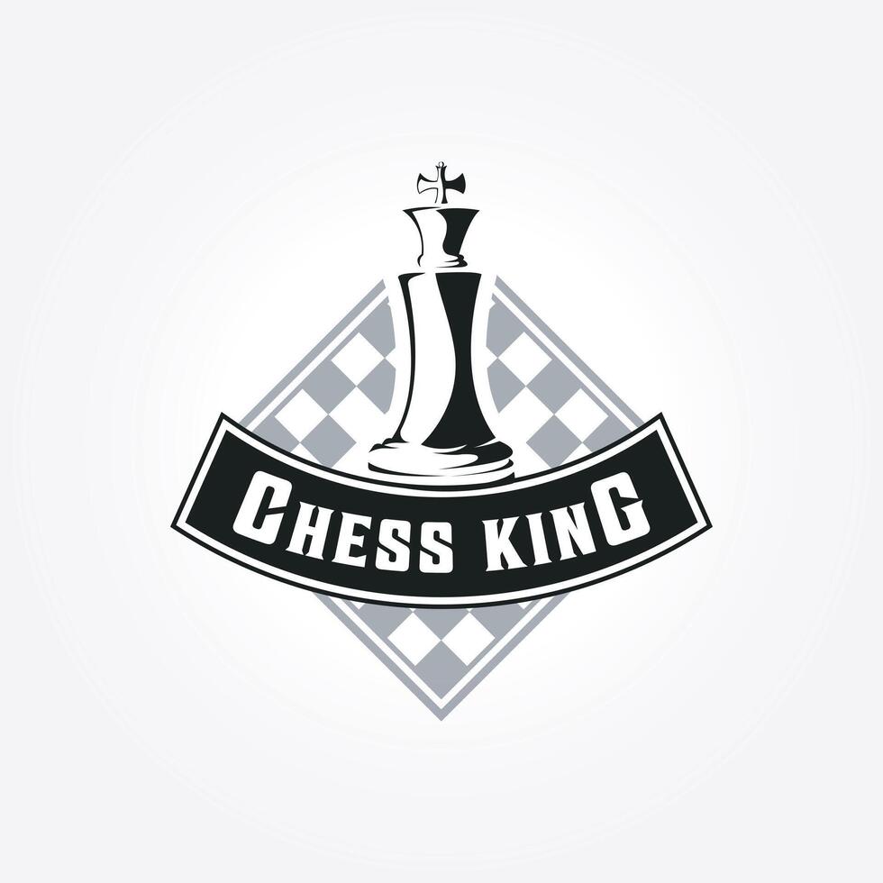 minimalista emblema de el ajedrez Rey logo con un tablero de ajedrez antecedentes. Clásico Rey corona vector ilustración diseño
