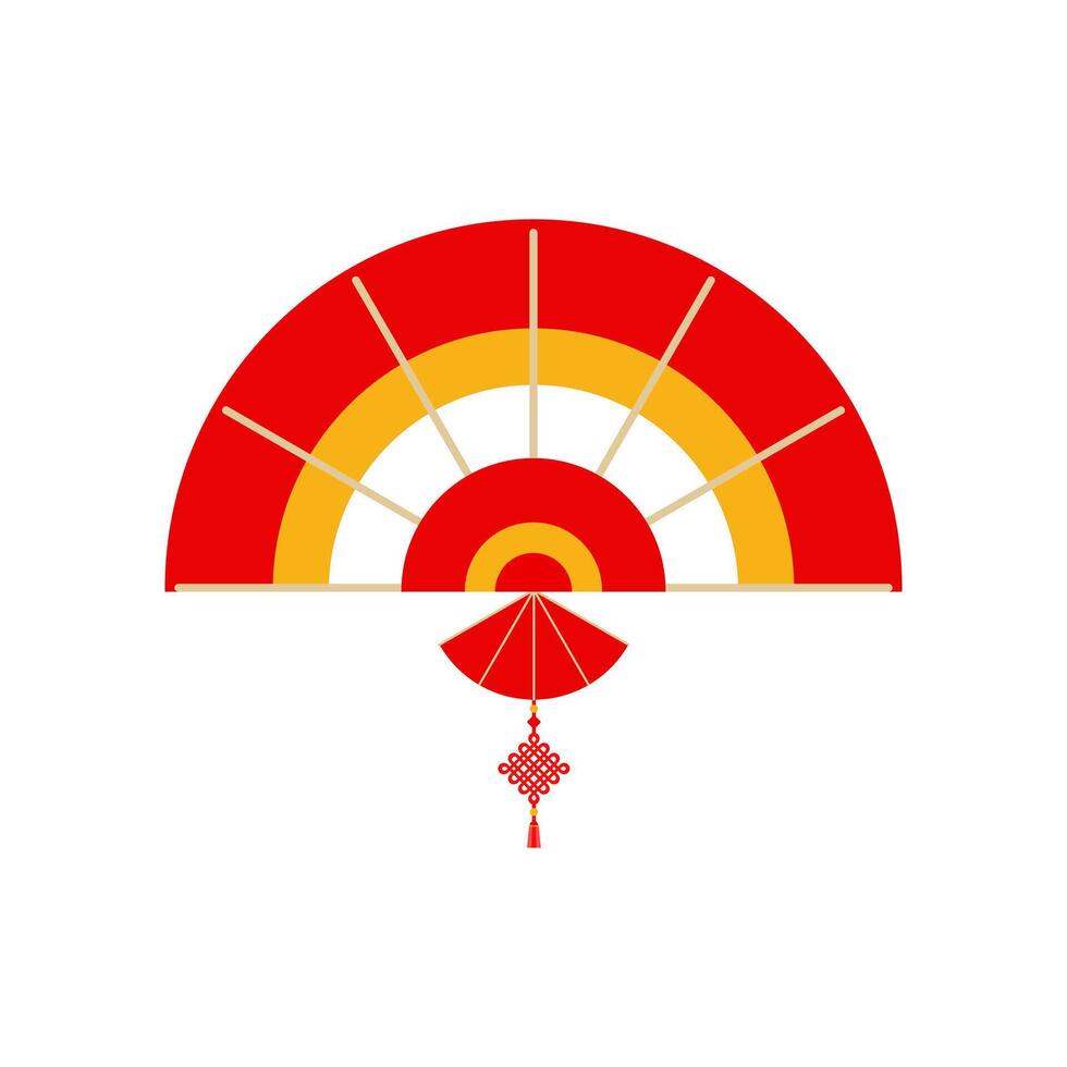 Red Chinese hand fan with wishful knot isolated on white background. Vector illustration of Paper traditional chinese folding fan. chinese new year element